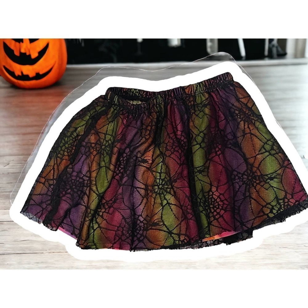 SPIDERWEB HALLOWEEN SKIRT|SIZE‎ 3T|BLACK W TIE DYE STRIPED UNDERSKIRT